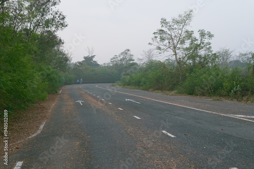 Empty countryside road with directional arrow markings leading toward foggy trees in a quiet rural landscape.