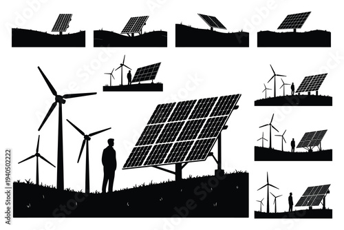 Renewable energy silhouettes with solar panels and wind turbines