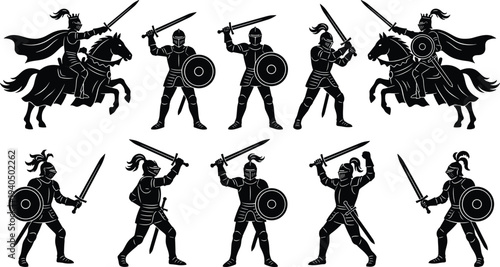 Medieval knight warrior silhouette collection with swords shields and horse riders isolated on white background historical armor fighter illustration set