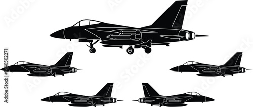 Military fighter jet aircraft silhouettes set with different angles side front rear views modern combat airplane vector illustration isolated