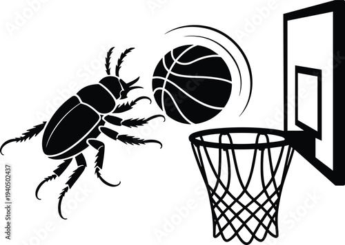Beetle jumping into basketball hoop with ball insect
