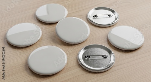 glossy white blank button badges on light wood table, mockup design concept