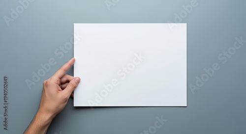 hand holding blank landscape paper, flat lay grey backdrop, mockup design concept