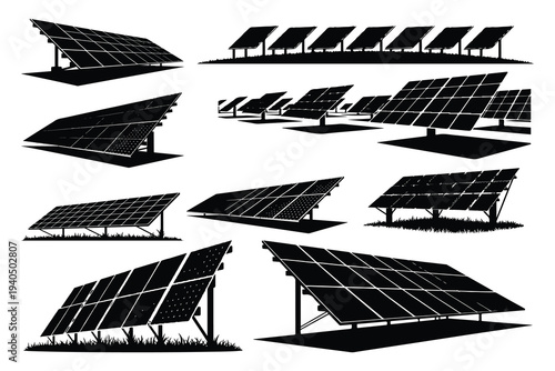Solar panel silhouettes on grass and concrete solar panels