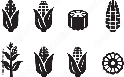 Collection of black silhouettes depicting various stages of corn growth and corn on the cob on a white background
