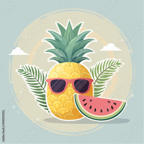 Cool cartoon pineapple wearing sunglasses with a slice of watermelon on a light blue background, evoking summer fun and tropical vibes