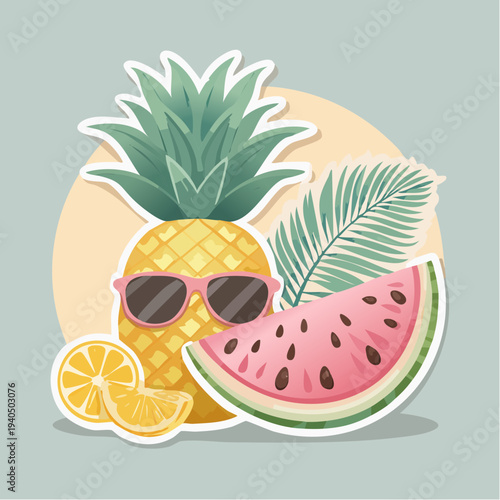 Refreshing Summer Vibes A Tropical Pineapple with Sunglasses, Juicy Watermelon Slice, and Citrus Lemon Wedges, Perfect for a Tropical Getaway Illustration