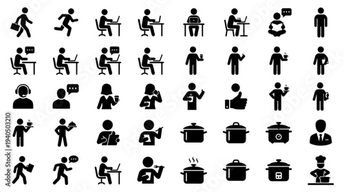People Daily Activity Silhouette Icon Set Human Lifestyle Action Symbols Black Vector Collection