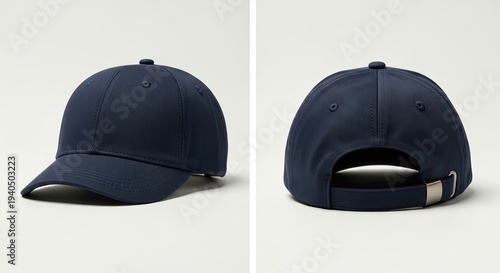 navy baseball cap front and back views, minimalist neutral background, mockup design concept