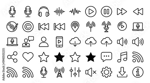 Audio Podcast Media Line Icon Collection Microphone Sound Broadcasting Vector Symbols