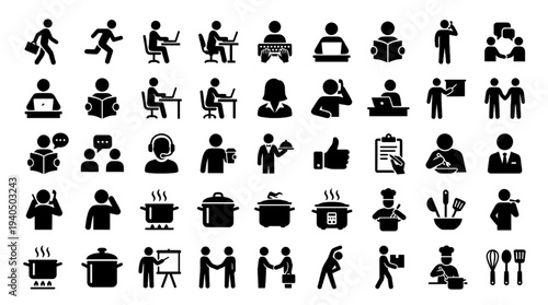 Lifestyle Human Activity Silhouette Icon Set Work Home Routine Vector Symbols