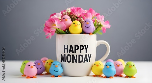 Easter monday celebration with colorful easter eggs and happy monday mug
