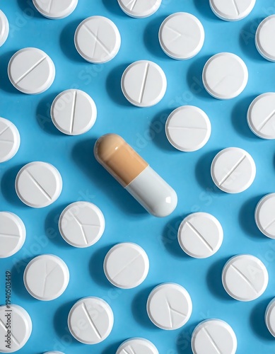 Pills and Capsule on Blue Background - Healthcare and Medicine.
