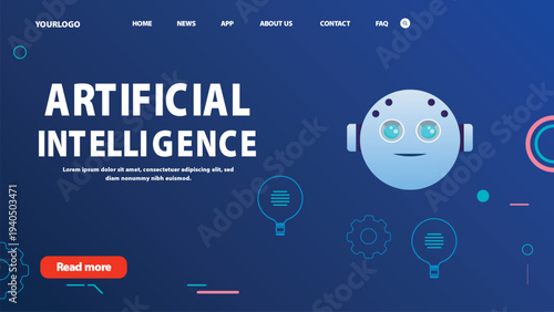 Modern artificial intelligence website landing page preview displayed inside a user interface card with tag and user analytics icons and notification indicator. Concept of AI technology, web design.