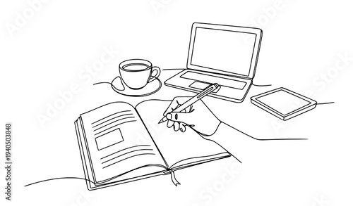 Single line drawing of hand writing on notebook with coffee cup and workspace business planning concept vector