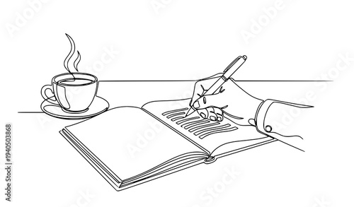 Continuous one line drawing of hand writing in notebook with coffee cup on desk minimalist business draft concept vector