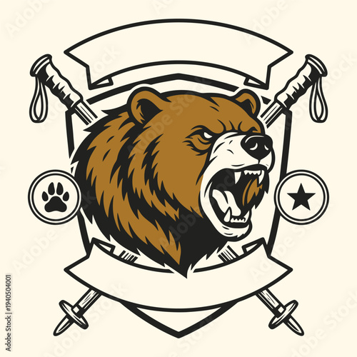 Angry Grizzly Bear Mascot with Crossed Hiking Poles and Shield Badge