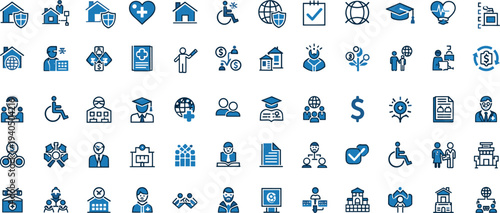 Blue business insurance icon set, healthcare education finance home security symbols, professional corporate web UI design elements, vector illustration, isolated white.