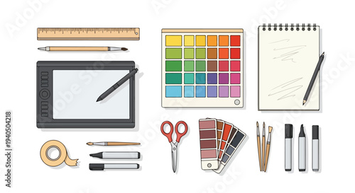 Flat lay of various art supplies and stationery items arranged on a white background with a colorful palette.