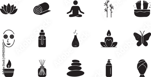 Simple black icons representing various spa elements and wellness symbols for relaxation and self care services on a clean white background