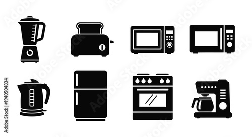 A collection of common kitchen appliances depicted in a stark black silhouette style high quality professional detailed modern elegant stylish clean