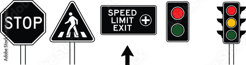 Road sign and traffic signal vector set featuring stop sign, pedestrian crossing, speed limit, and traffic light designs