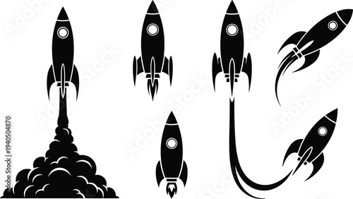 Rocket silhouette vector set showing launch stages, exhaust flames, smoke trails, and dynamic flight motion for space, science, and educational design