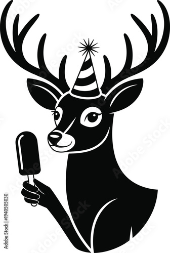 Black deer with antlers wearing party hat holding ice cream reindeer