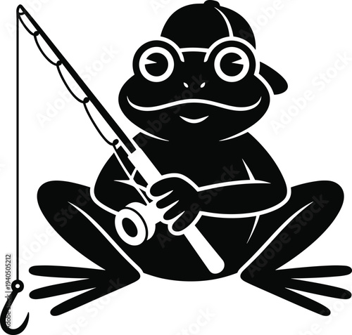 Black frog wearing baseball cap holding fishing rod and sitting cross-legged white fishing hook