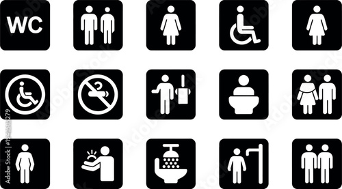 Collection of restroom and hygiene icons for universal signage
