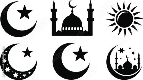Black islamic symbols with mosque silhouettes and crescent moons star
