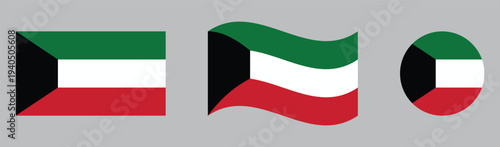 Kuwait Flag Vector Set Kuwait  National Flags in Flat, Waving, and Circular Styles