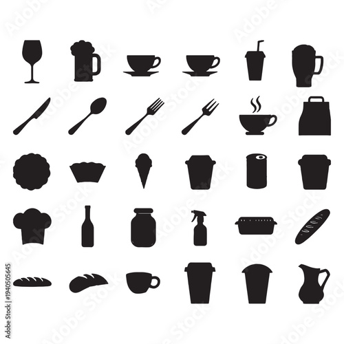 A comprehensive set of kitchen tools and food icons featuring vector silhouettes of cooking utensils like a fork, spoon, knife, and pot alongside coffee cups and restaurant symbols for chef designs