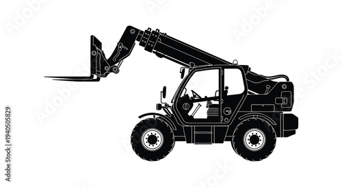 A detailed black and white illustration of a telehandler machine showcasing its mechanical design silhouette high quality professional modern elegant stylish