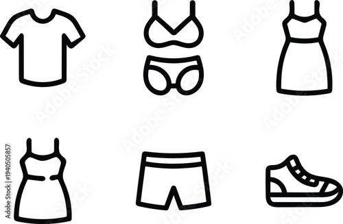 Collection of minimalist fashion icons representing various clothing items and footwear isolated on transparent background