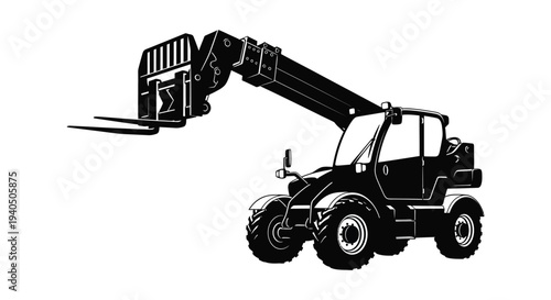 A black silhouette of a telescopic handler with a visible fork attachment against a plain white background silhouette high quality professional