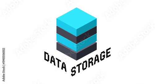 Abstract 3D data storage icon with stacked layers and text on white background