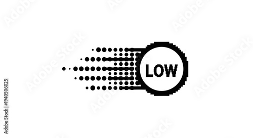 Dynamic black and white icon representing 'LOW' with a trailing dotted effect, symbolizing low speed, low quality, or diminishing levels.