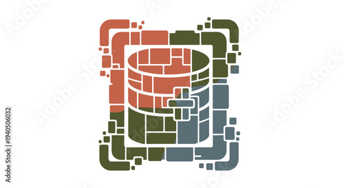 Abstract digital data storage icon with segmented cylindrical well and surrounding block-like frame, representing complex information systems and network architecture.