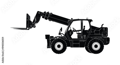 A detailed black silhouette of a large telehandler construction vehicle showcasing its mechanical design silhouette high quality professional modern elegant stylish