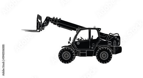 A detailed black outline depicts a telescopic handler showcasing its machinery and structural elements a striking silhouette high quality professional