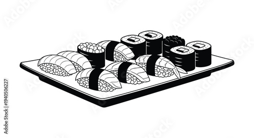 A minimalist black and white illustration depicts a variety of sushi rolls artistically arranged on a tray silhouette high quality professional detailed modern