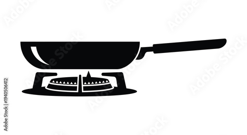 A stark black silhouette depicts a stovetop burner with a frying pan resting upon it silhouette high quality professional detailed modern