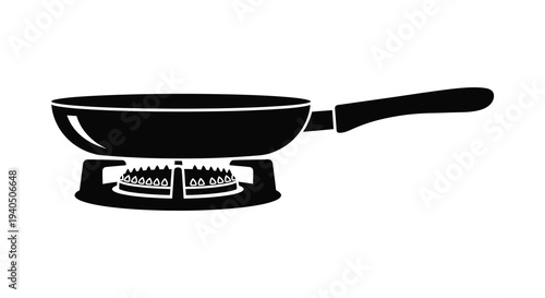 A black silhouette of a frying pan resting on a gas burner showcasing domestic cooking equipment silhouette high quality professional detailed