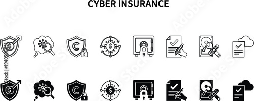 Cyber Insurance Protection Icons Minimal Line Art Vector Set