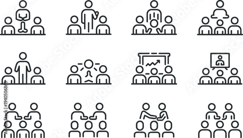 A collection of simple line icons depicting various business and teamwork concepts