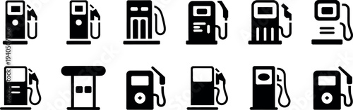 A collection of black and white gas pump icons in various styles and designs