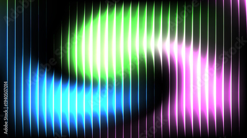 Abstract Futuristic Glass Neon Colorful Glow Wave with Vertical Light Stripes, Gradient Technology Background