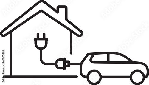 Electric car connected to house power plug line icon isolated. Concept for home EV charging station, eco friendly vehicle battery recharge, green energy garage and sustainable transportation