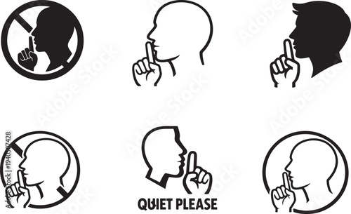 Shhh silence gesture collection representing privacy, quiet request and secret signal